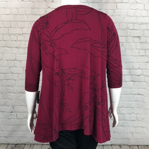 Alfani Cranberry & Black Floral 3/4 Sleeve Top 1X - Picture 2 of 4